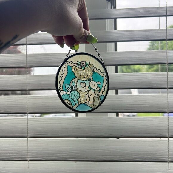 Joan Baker Designs Stained Glass Sun Catcher 3.5” Hand Painted Bear Bunnies Blue - Picture 2 of 6